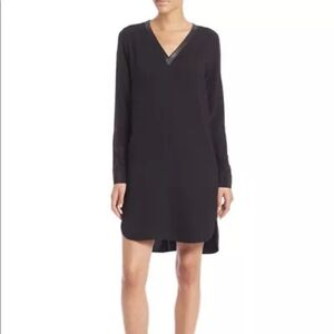 Vince Long Sleeve Silk V Neck Leather Trim Black Dress Size 6